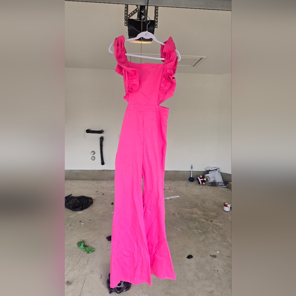 Vibrant Pink Jumpsuit with Ruffle Sleeves